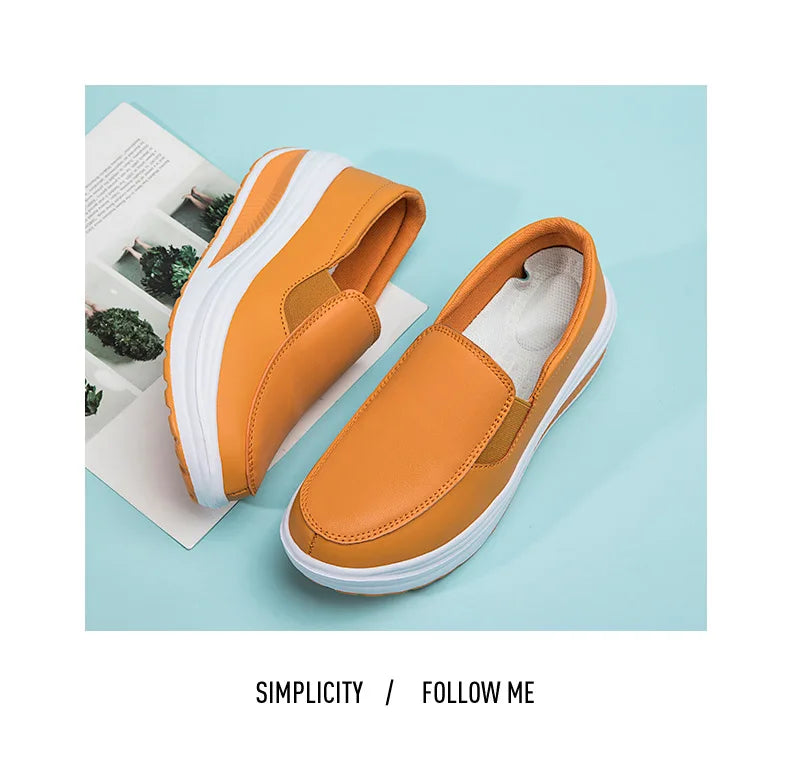 Women's Shoes Spring Genuine Leather Soft Outsole Work Shoes Female Black Swing Shoes Woman Plus Size Wedges Single Shoes