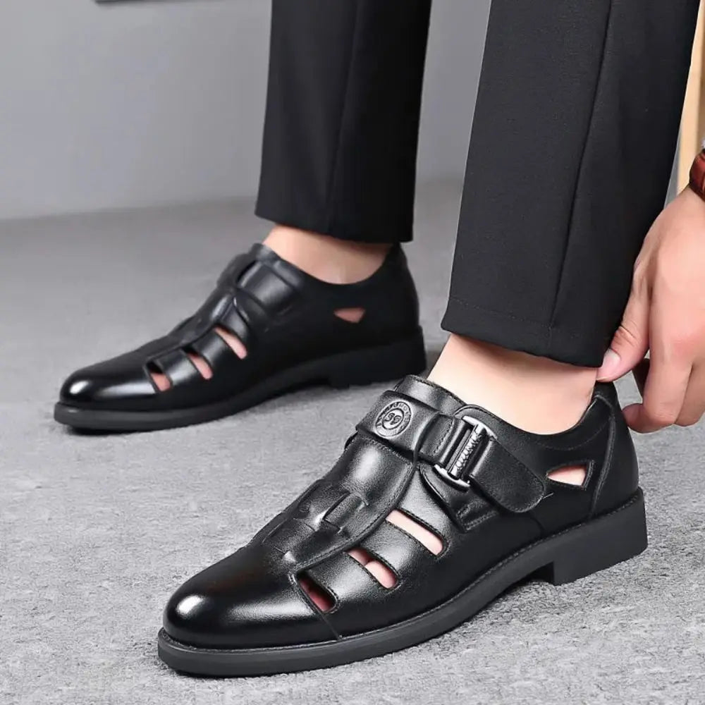 Classic Business PU Sandals Men Breathable Comfortable Hollow Leather Shoes Outwear Beachwear Men's Slippers Shoes Male