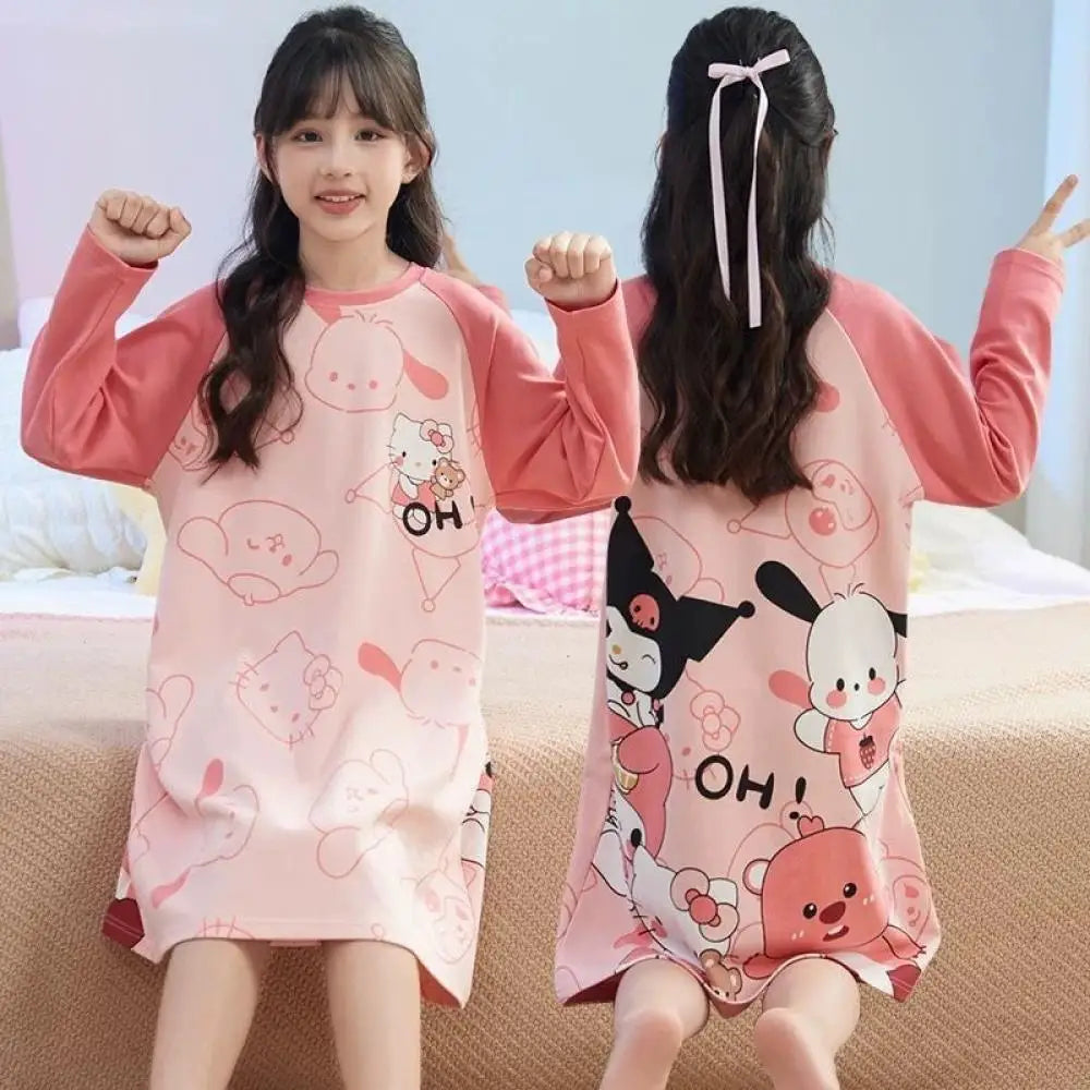 Sanrio My Melody Girls Pajama Kuromi Spring Autumn Long Sleeve Pure Cotton Children's Nightgown Cute Sleepwear Robe Loungewear