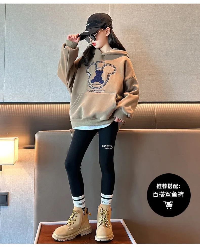 2026 girls clothes spring winter sweatshirt bear t-shirt hooded + stretch pants leggings teens children set 8 9 10 11 12 year