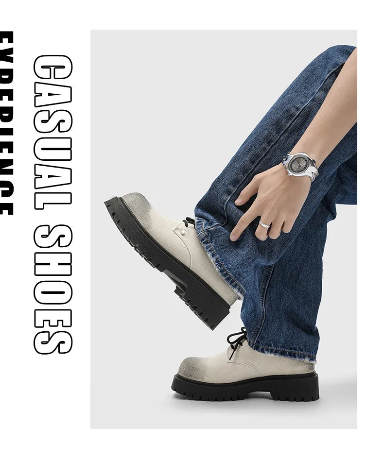 New Mens Derby Shoes British-Style Big Round-Toe Chunky Platform Sneakers Original Breathable Casual Shoes for Streetwear &Daily