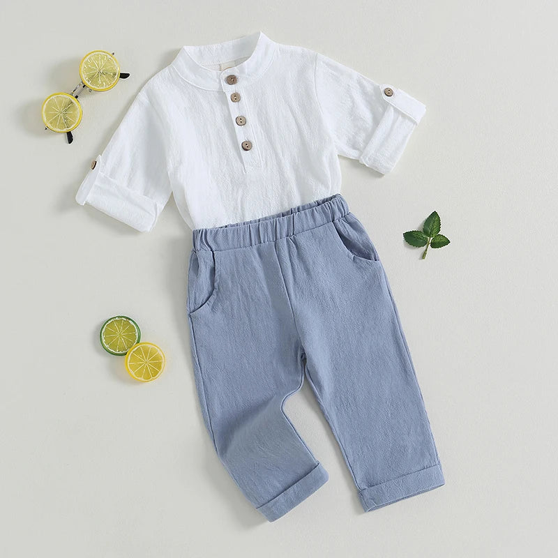 Pudcoco Kid Baby Boys Summer Outfits Solid Color Buttons Short Sleeve Shirts and Elastic Waist Long Pants 2Pcs Clothes Set 6M-4T