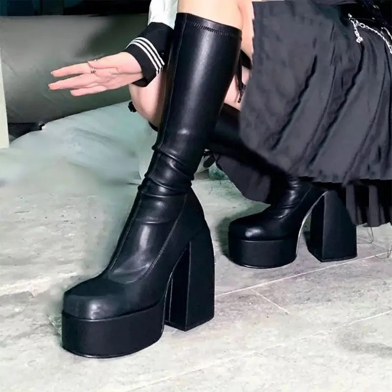 Boots for Women 2022 Knee High Shoes on Platform Heels Punk Style Autumn Winter Chunky Gothic Plus Size Sexy Pole Dance Luxury