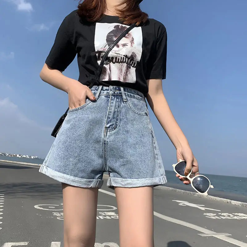 High Waist Loose Fit A- Line Wide Leg Short Jeans Women's Summer Thin New Style Fashionable Cuffed Hot Pants Trendy INS