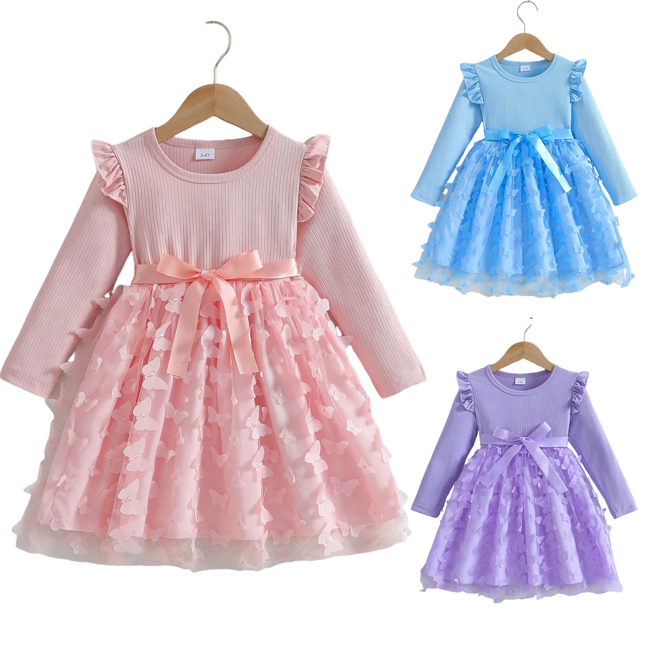 Custom Made Girls' Dresses Girl Three Butterfly Sweet Mesh With Belt Long Sleeved Dress Vestidos De Bebê