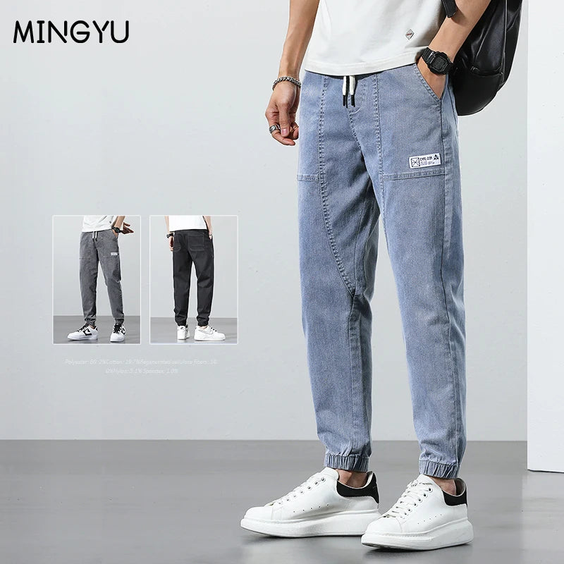 2025 Spring Summer Jeans Men Cotton Thin Beam Feet Harem Pants Elastic Drawstring Waist Light blue Joggers Trousers Male 28-38