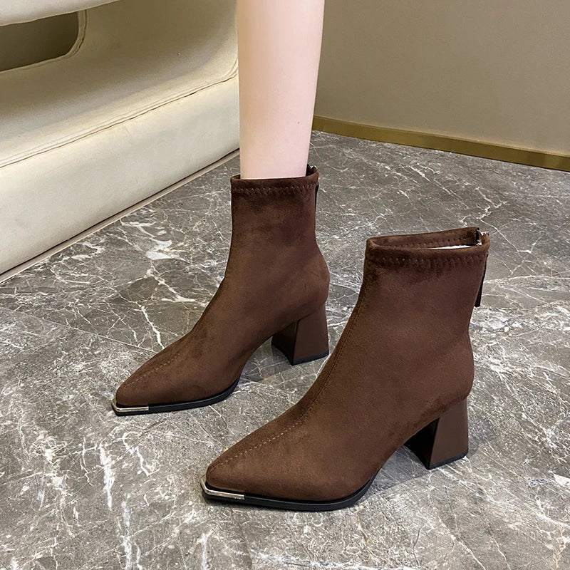 Fashion Pointed Toe Suede Single Boots 2025 New Temperament Block Heel Fashion Boots Booties Women