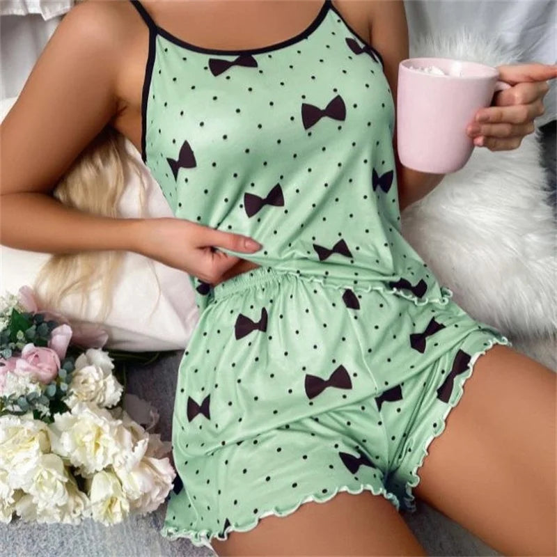 Womens Sexy Heart Print Pajama Set Cami Top Lettuce Trim Shorts Two Piece Sleepwear Loungewear Spaghetti Strap Contrast Trim