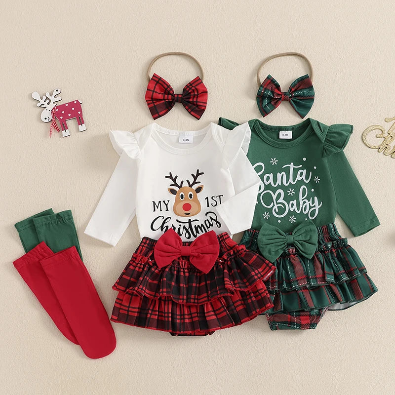 2024-08-20 Lioraitiin Christmas Infant Baby Girl Outfit Letter Ruffle Long Sleeve Romper Plaid Layered Ruffle Shorts Clothes
