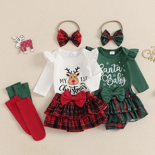 2024-08-20 Lioraitiin Christmas Infant Baby Girl Outfit Letter Ruffle Long Sleeve Romper Plaid Layered Ruffle Shorts Clothes