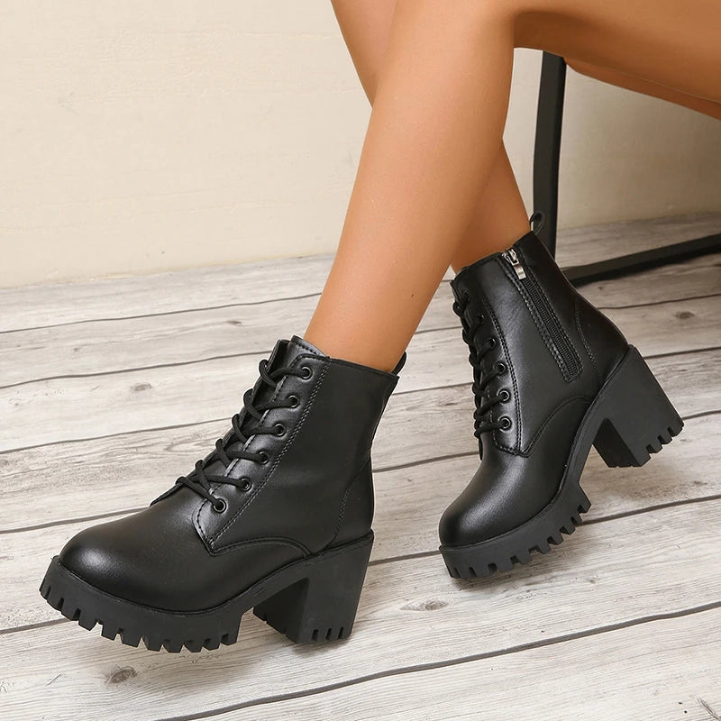 Fashionable New Comfortable and Wear-resistant Women's Work Boots Winter Elegant Solid Color Round Toe Lace Up Short Boots