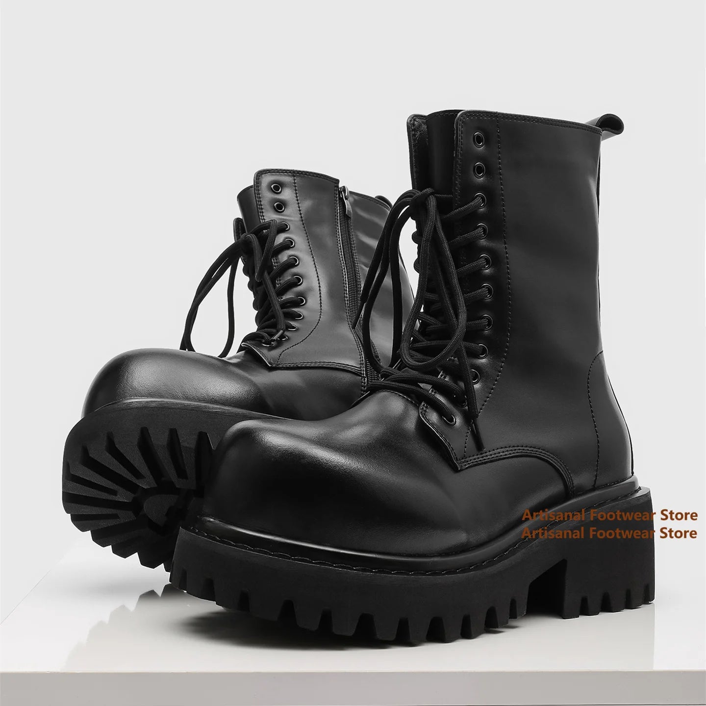 Thick-Soled Motorcycle Boots Retro Big Round Toe Men's Boots Classic Height Increasing Outdoor Designer Handmade Men Boots