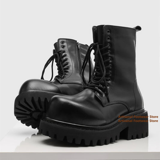 Thick-Soled Motorcycle Boots Retro Big Round Toe Men's Boots Classic Height Increasing Outdoor Designer Handmade Men Boots
