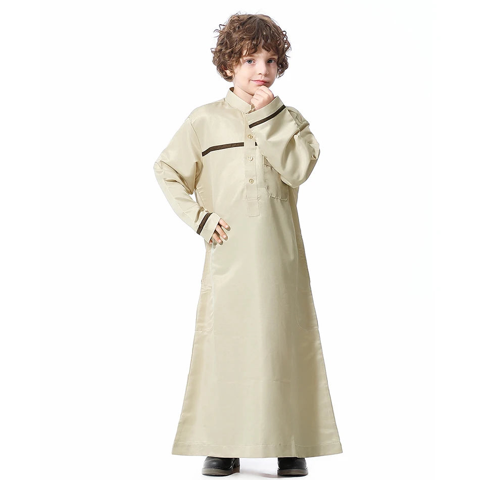 Ramadan Eid Islamic Boys Long Robe Children Traditional Arab Thobe Thawb Caftan Solid Color Long Sleeve Stand Collar with Pocket