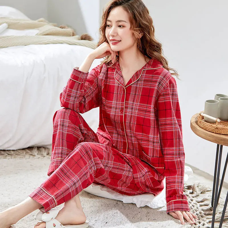Antibacterial Pure Cotton Sleepwear Long Sleeve Loose Home Clothes Set for Women plus Size Spring Summer Autumn Winter