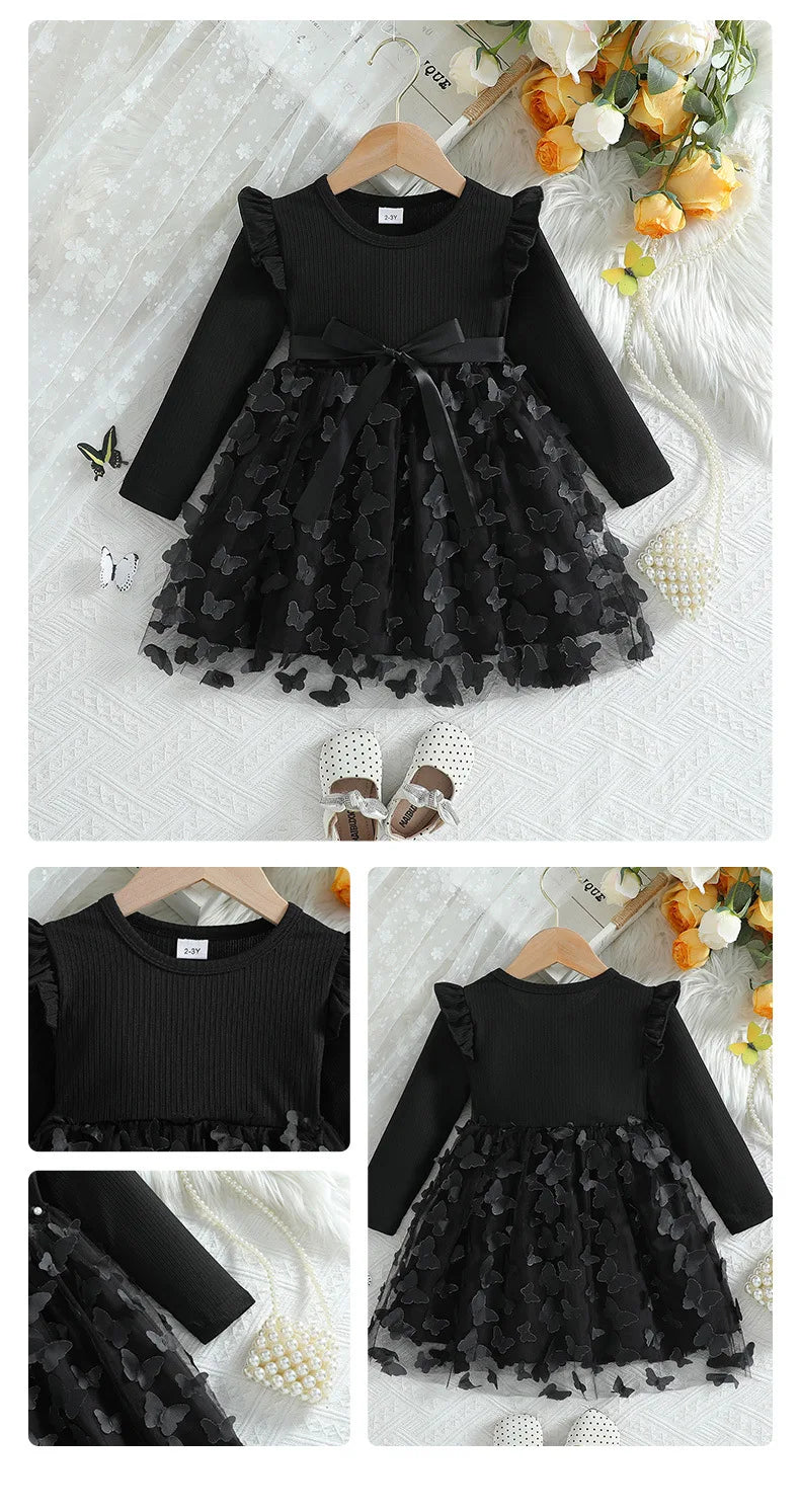 Custom Made Girls' Dresses Girl Three Butterfly Sweet Mesh With Belt Long Sleeved Dress Vestidos De Bebê
