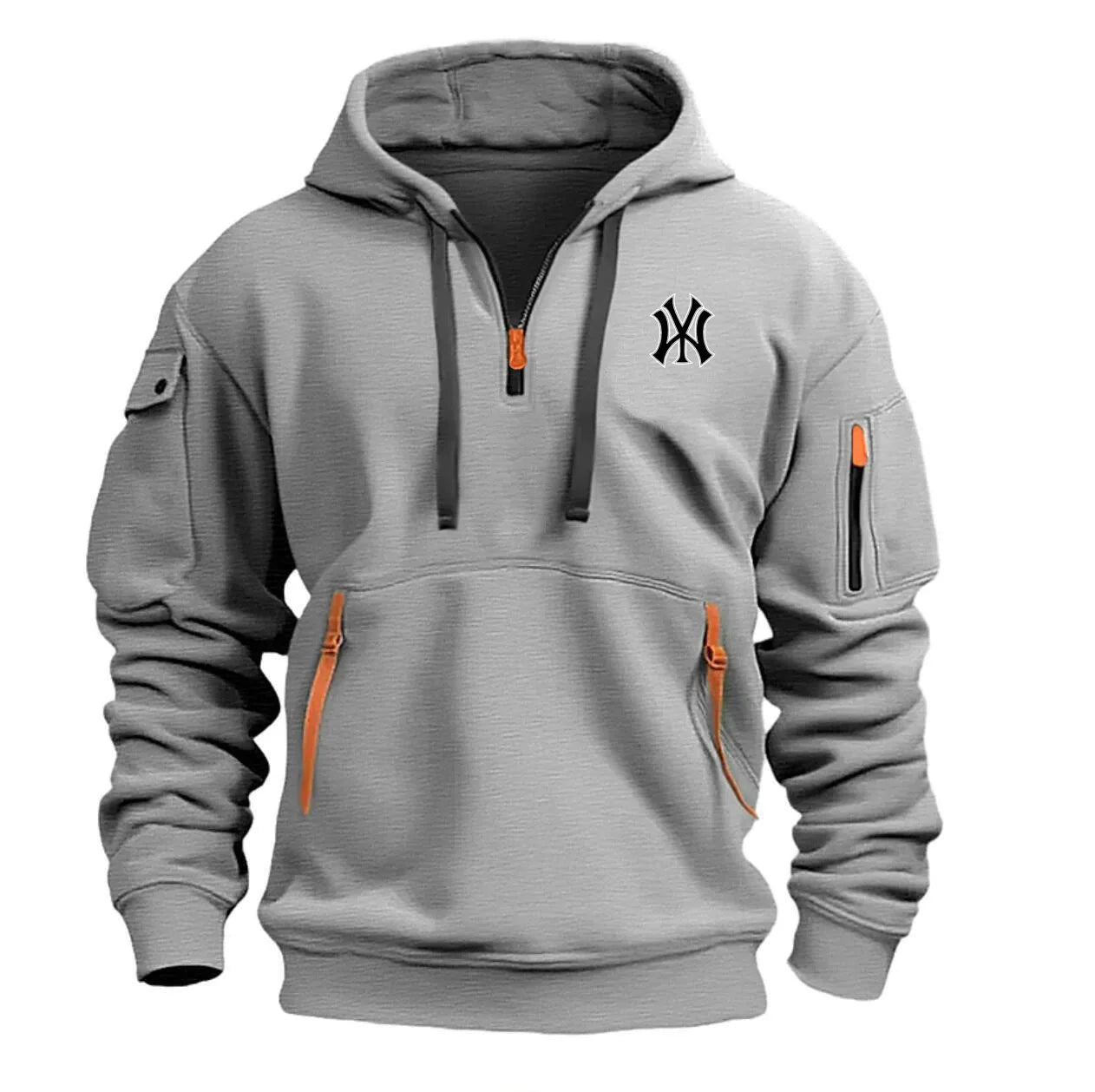 Men's casual sports hoodie spring and autumn fashion arm pocket pull rope hooded solid color loose long-sleeved blouse pullover