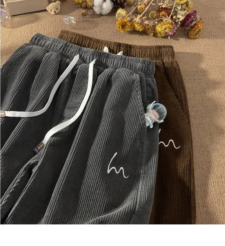 Corduroy Pants for Couples Autumn Winter Loose Fit High Waist Casual Loose Trousers Sports Pants Men Women Trendy Embroidery