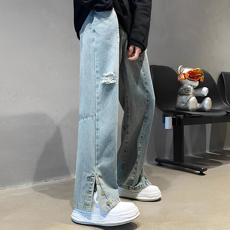 Men's Letter Embroidered Hip Hop Loose Jeans Casual New Broken Holes Streetwear Straight Denim Trousers Male Y2K Baggy Jeans
