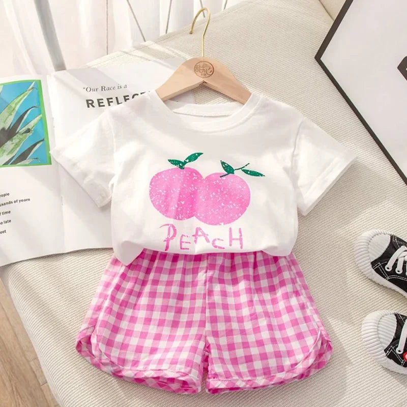 Baby Girls Set Summer Children Clothing Sets Plaid Shorts Short Sleeve T-Shirt Baby Girl Clothes Sweet Cute Outfits for 2-4Years