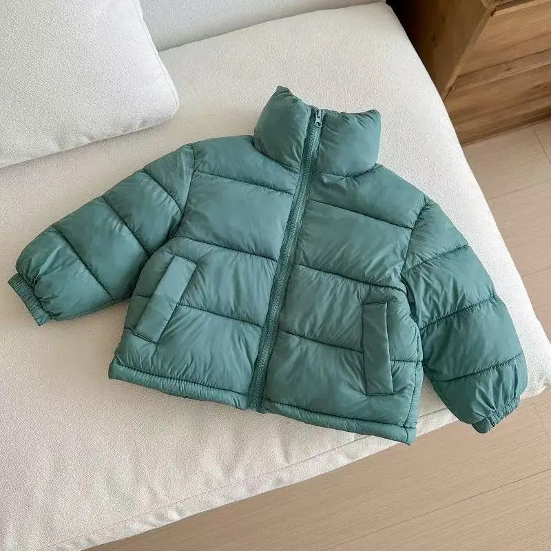 Children Boys Short Thick Parkas Standing Collar Silk Floss Bread Jacket for Boy Girl Letter Warm Solid Toddler Boys Winter Coat