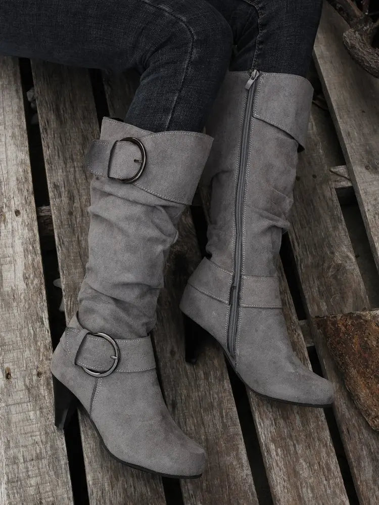 Women's Boots Side Zipper Modern Boots Fashion Pointed Toe Shoes High Heels Suede Mid-Calf Boots Solid Belt Buckle Casual Boot