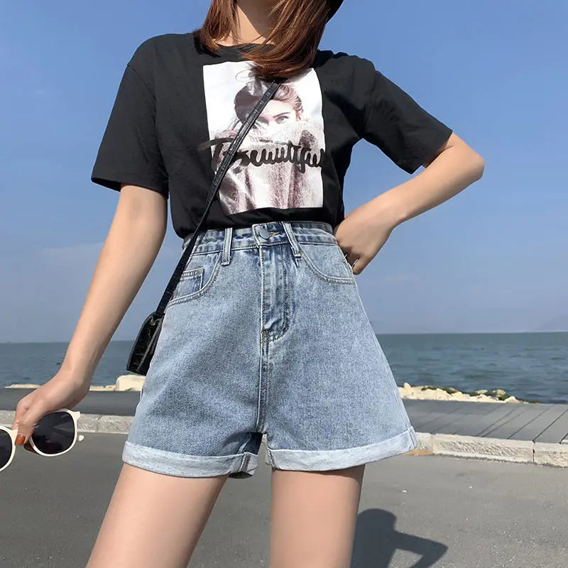 High Waist Loose Fit A- Line Wide Leg Short Jeans Women's Summer Thin New Style Fashionable Cuffed Hot Pants Trendy INS