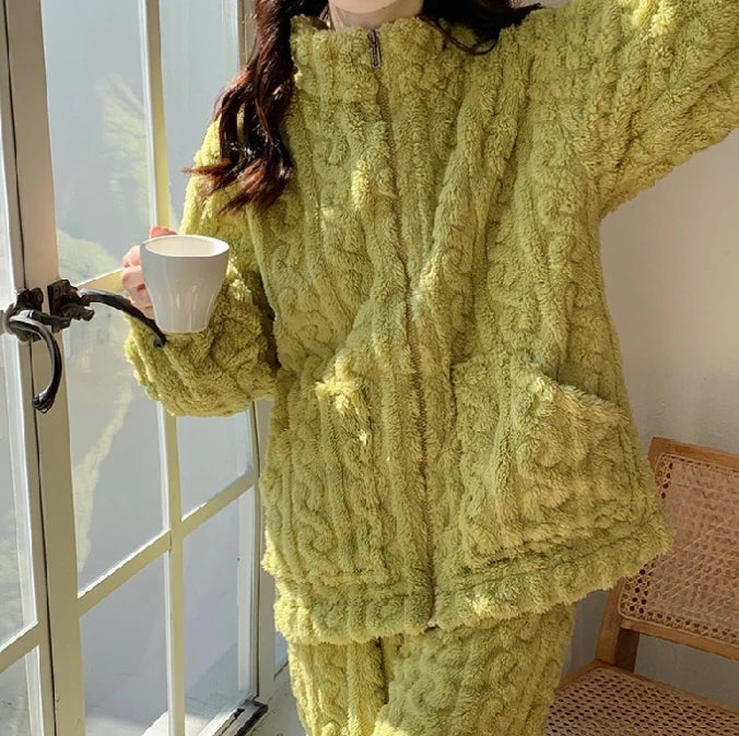 Women's Winter 2 piece sets women outfit Coral fleece pajamas home set Stand Collar Zip Up Fuzzy Teddy Top high waisted Pant Set
