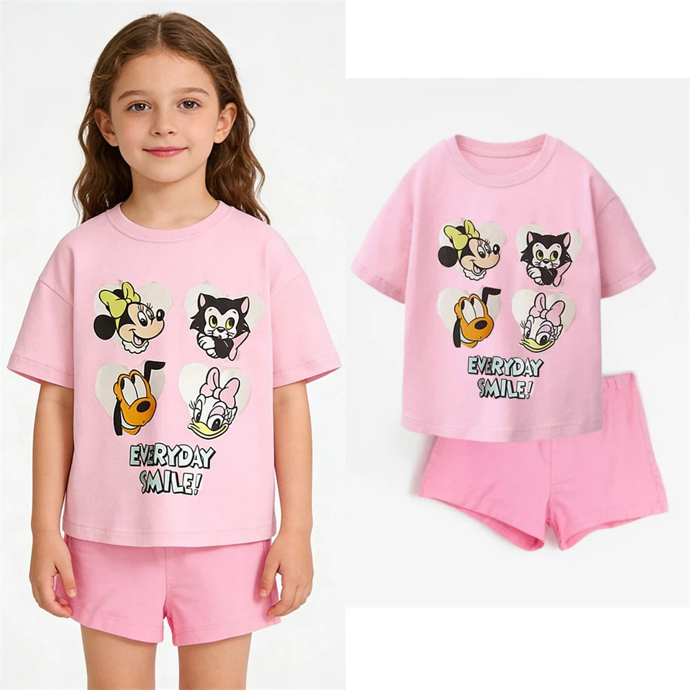 Pink T Shirt+Shorts 2Piece/Set Girls Child Short Sleeve Outfits Casual Sports Wear Cartoon Printed Tees All-match Pants Suits