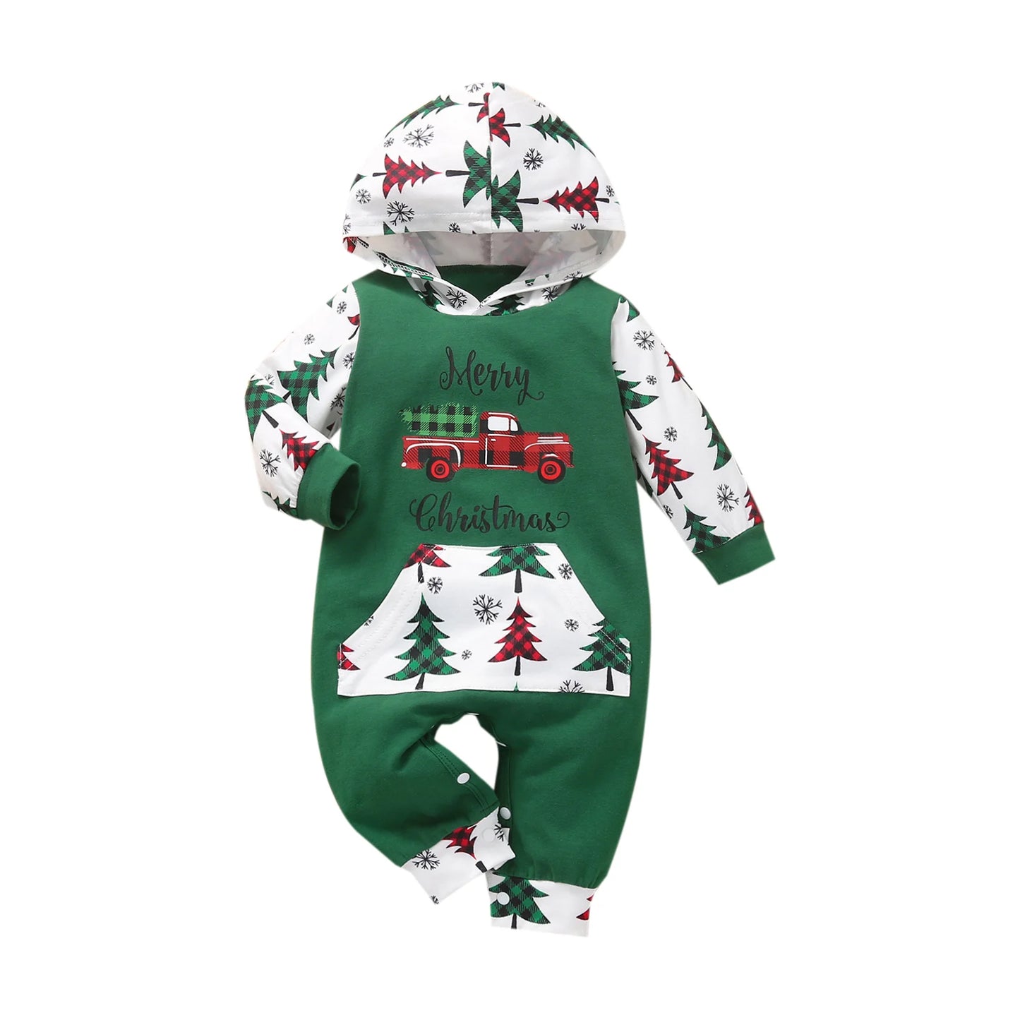 Unisex Baby Christmas Printed Romper Long Sleeve Hooded Jumpsuit with Front Pocket