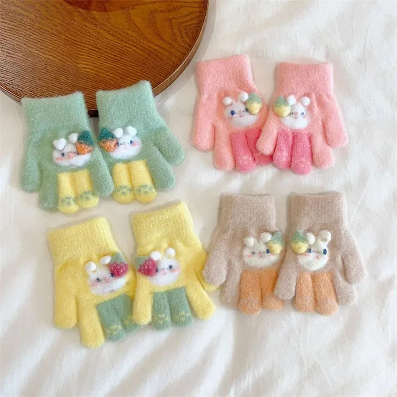 3-6Ages Children's Cute Strawberry Rabbit Kids Warm Gloves Autumn Winter Baby Boys Girls Five Finger Mittens Kindergarten Glove