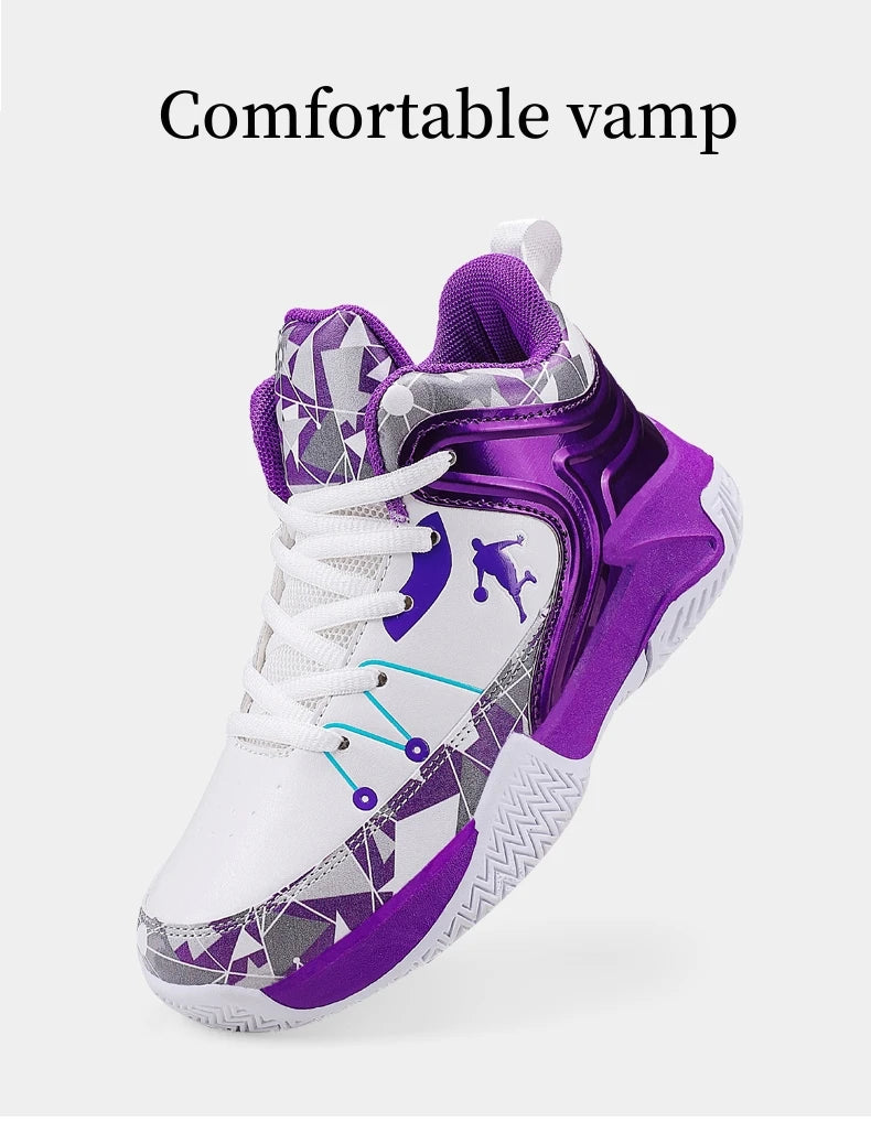 Hot Sale Basketball Shoes For Children Fashion Design Purple Children's Basketball Sneakers High Top Lace-up Kids Sports Shoes