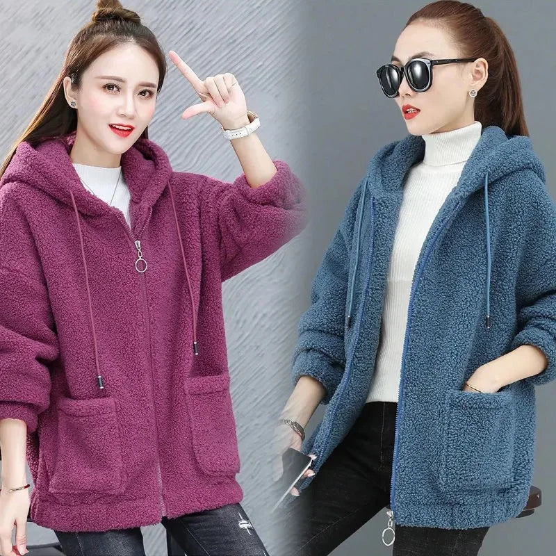 Lamb Velvet Hoodie Women's Thickened Fleece Teddy Velvet Loose Autumn Winter Korean Style Zipper Cardigan 082