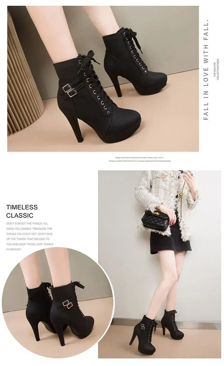 Women High Heels Platform Ankle Boots 2025 Autumn Winter Fashion Thick Heel Cross Strap Boots Female Belt Buckle Short Booties