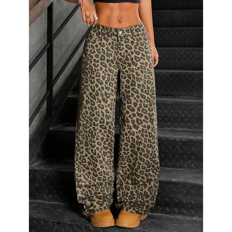 Women Retro Fashion Straight Leg Jeans Girls High Waist Loose Fit Denim Pants Female Chic Leopard Print Daily Trousers