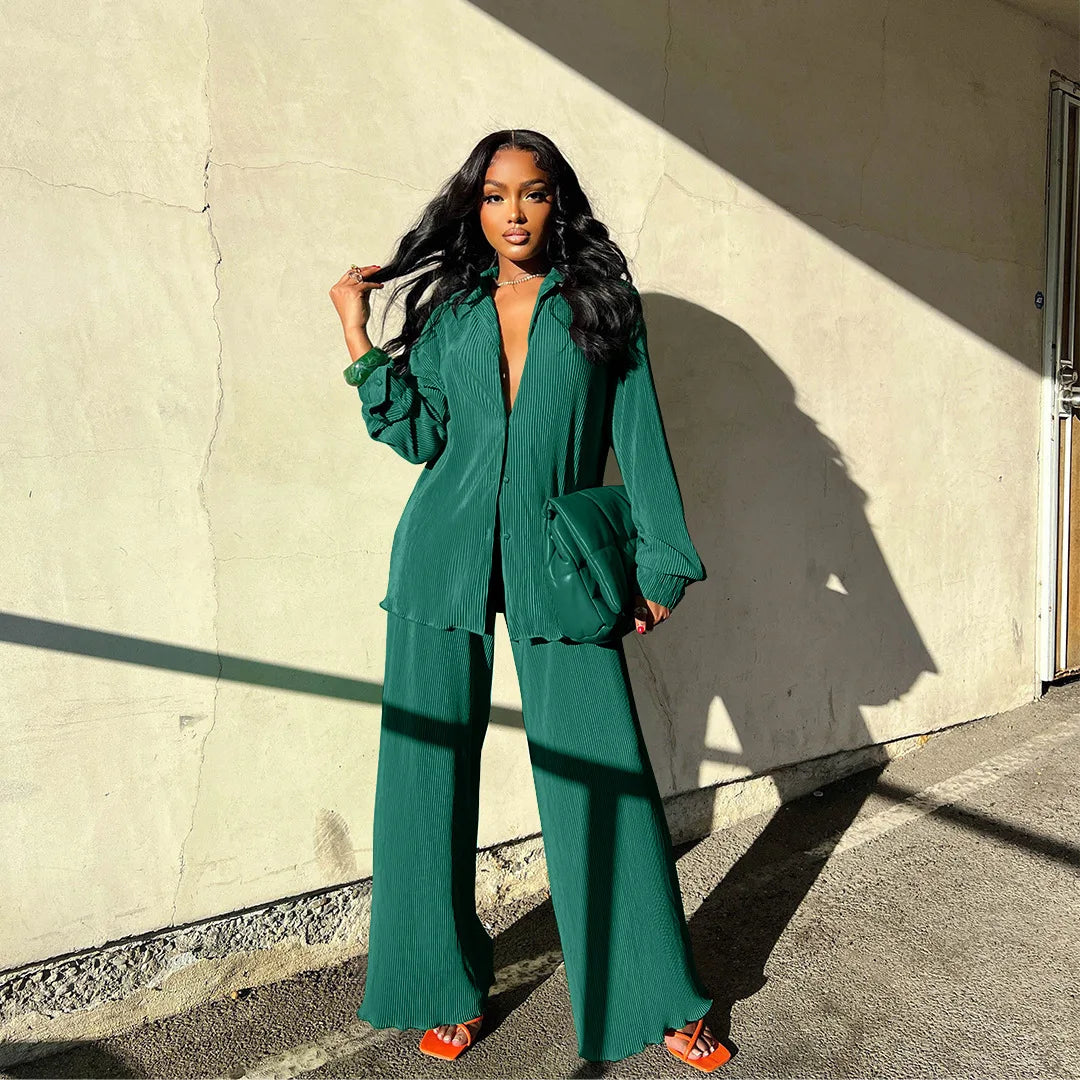 CM.YAYA Pleated Women's Set Long Sleeve Shirt Tops and Straight Wide Leg Pants Elegant Tracksuit Two 2 Piece Set Fitness Outfits