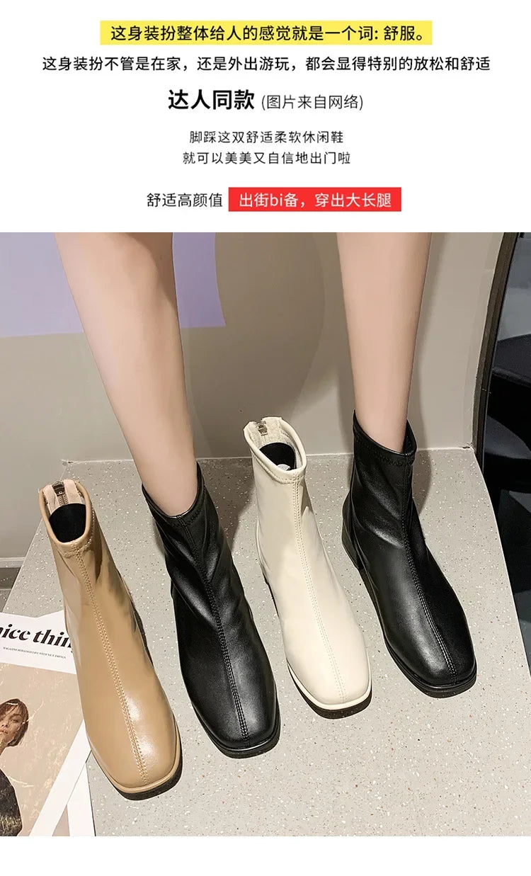 2025 New Elastic Socks Boots Women's Ankle Boots High Heels Thick Heels Square Toe Short Boots Retro Women's Shoes Botas Mujer