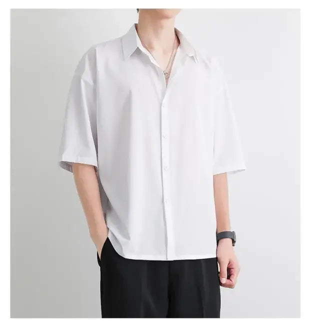 Men's Summer Loose Thin Ice Silk Short Sleeve White Shirt Half Sleeve Open Cardigan Breathable Korean Style Casual Top