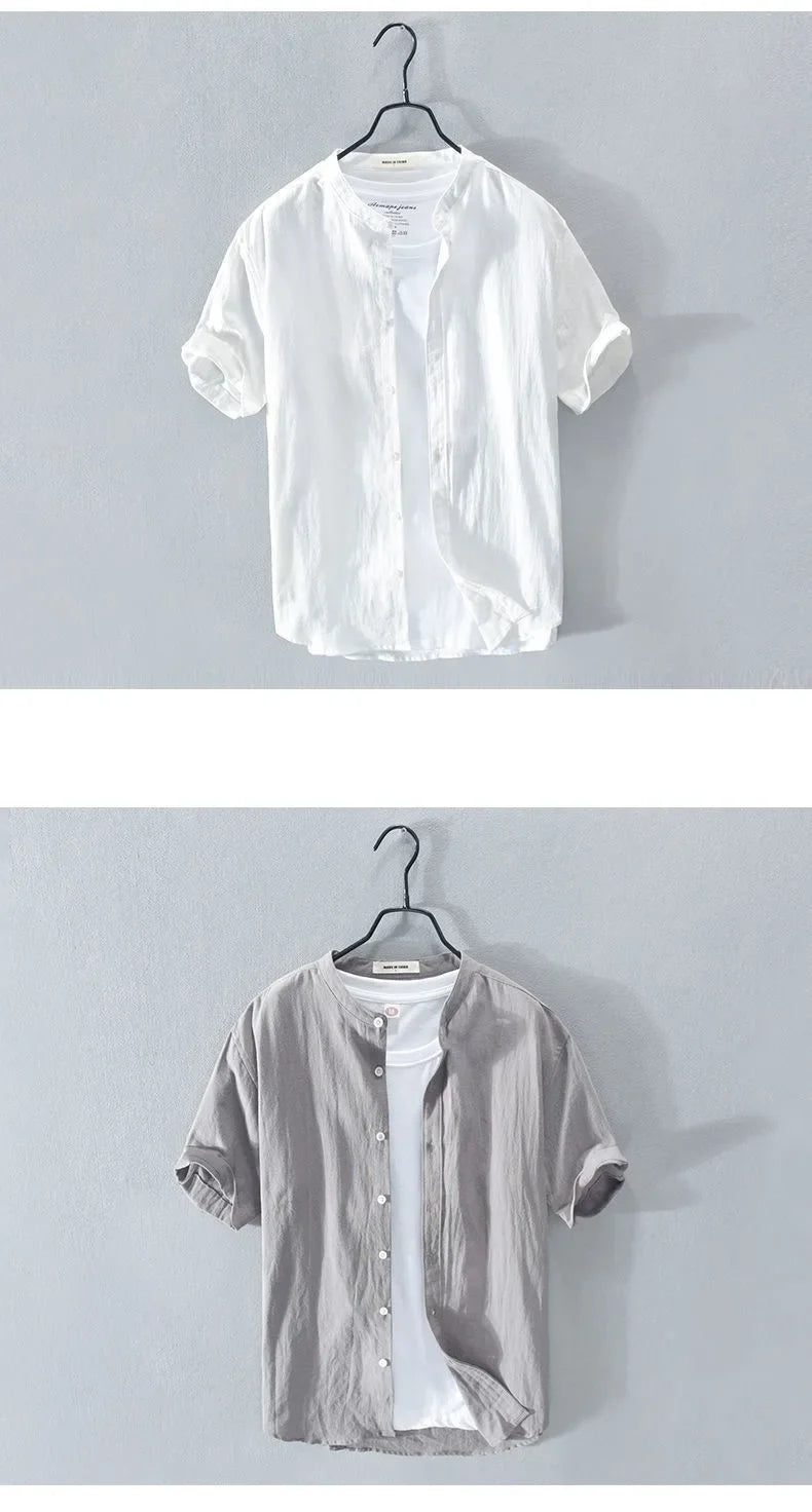 Japanese Style Loose Fit Lightweight Short Sleeve Linen Shirt round Neck Summer Casual Menswear White Cotton Linen Blend