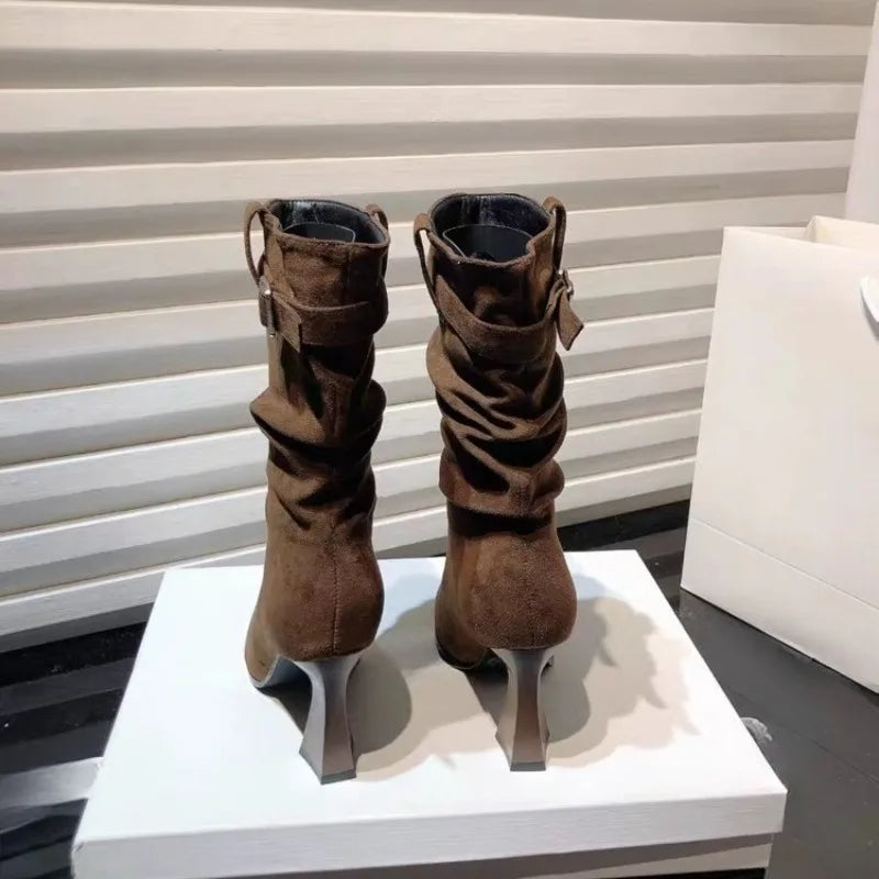 High Heeled Single Boots Women's Fashion Pointed Toe Suede Metal Buckle Anti-slip Wear-resistant Mid-leg Boots