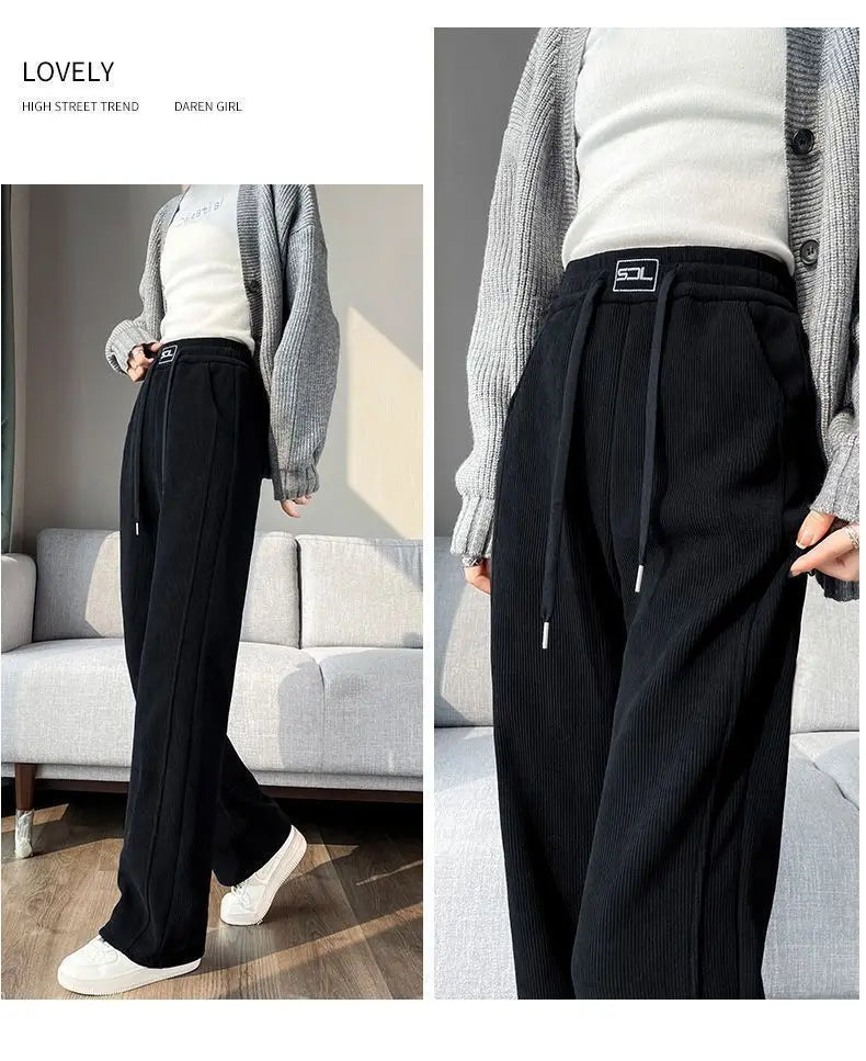 Thickened Fleece Wide Leg Pants Women's Autumn Winter New Style Northeast INS Casual Loose High Rise Straight Leg Trousers