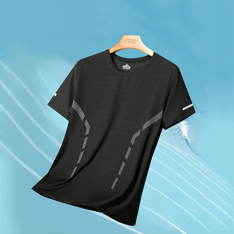 Men Running T-shirt Breathable Stretch Summer Top Gym Fitness Running Thin Short Sleeve Sportswear M-5XL Gray Blue Black White