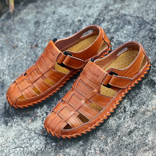 2024 Classic Brand Trend Brown Men's Sandals Handmade Soles Durable Men's Camping Beach Shoes Anti Slip Hollow Casual Shoes