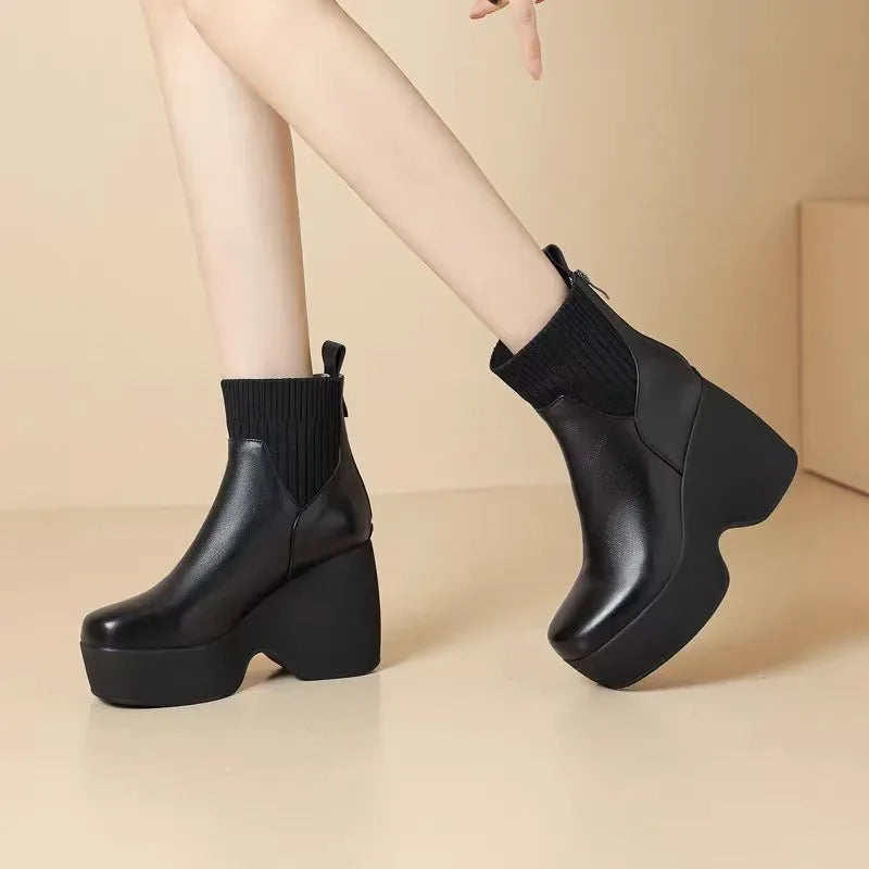 Comfortable Fashion Soft Leather Boots Women's Platform 2024 Winter Warm Round Head Flexible Med Block Sock Mom Ankle Boots