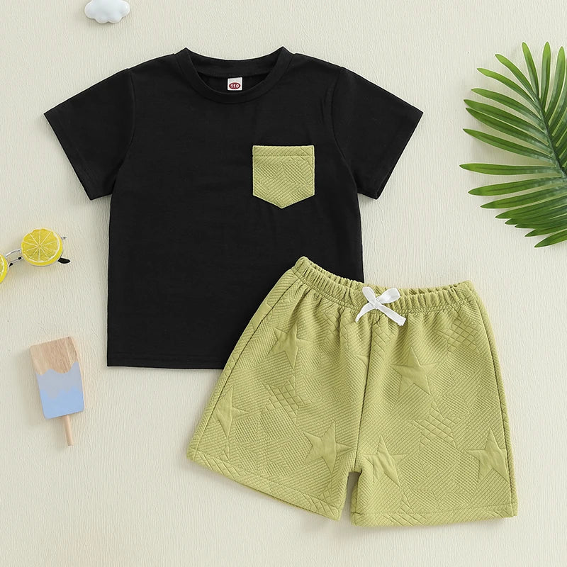 Pudcoco Kids Baby Boys Shorts Set, Short Sleeve T-shirt with Elastic Waist Stars Shorts Toddler Set Summer Outfit