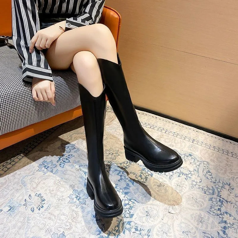 Boots Women's Autumn and Winter New Flat Bottom Black Long BootsVVersatile Slimming Long Boots Height Increasing Elastic High