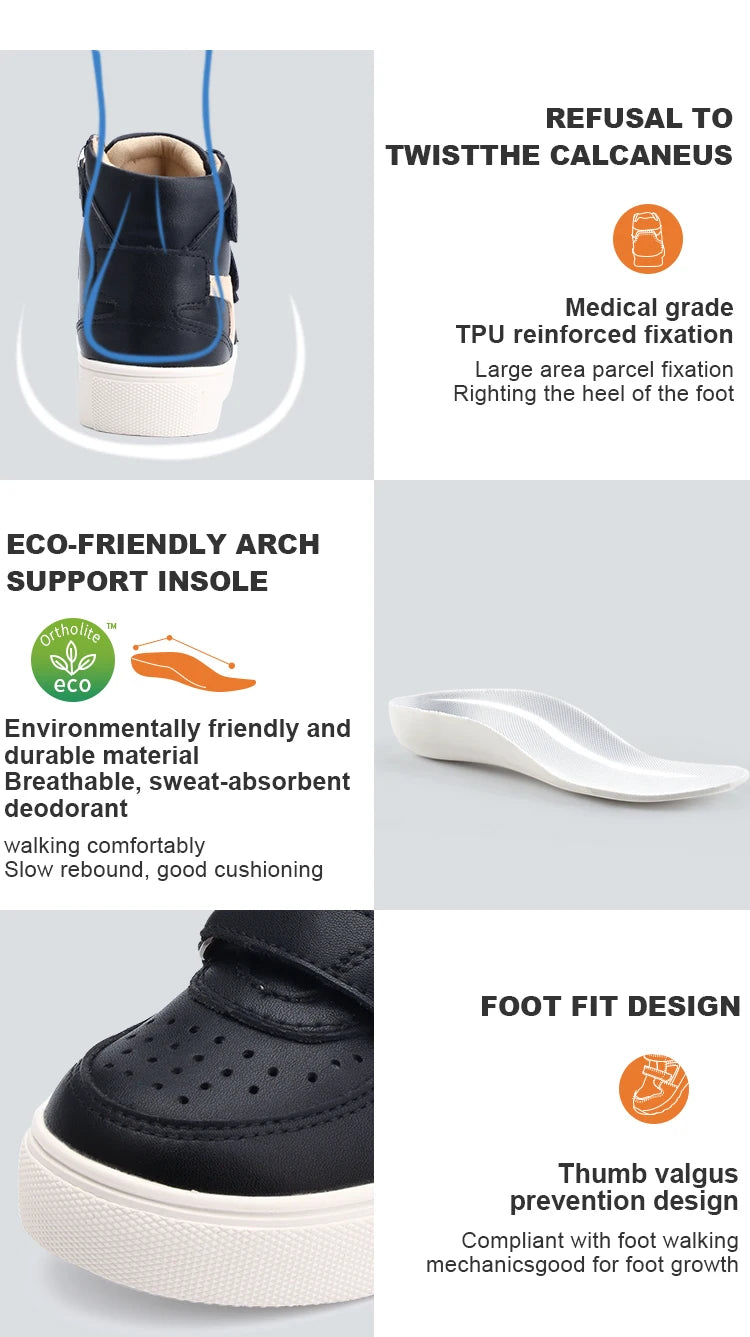 Kids Orthopedic Shoes for Boys and Girls with Arch Support Flat Feet, Black and Pink Leisure Walking Correcting Casual Sneakers