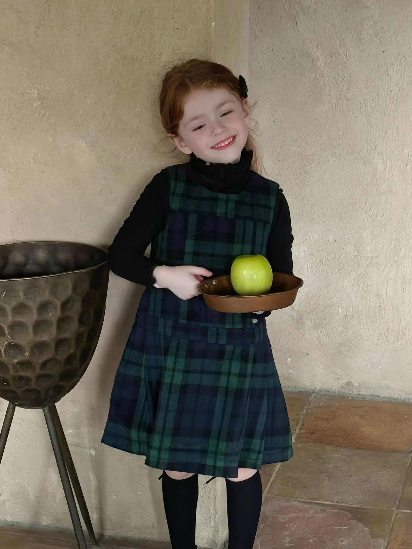 Kids Dresses for Girls Green Grid Hair Vest Pleated Skirt Vest Skirt Autumn Girls Clothes Girls Dress