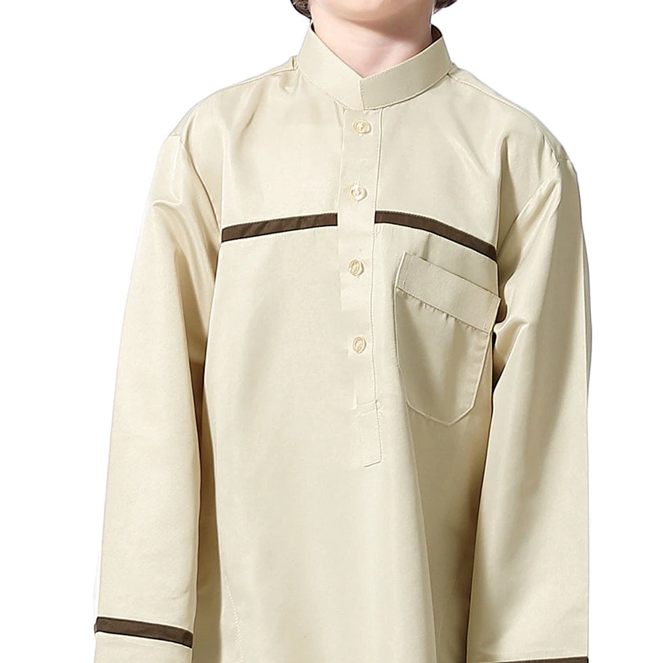 Ramadan Eid Islamic Boys Long Robe Children Traditional Arab Thobe Thawb Caftan Solid Color Long Sleeve Stand Collar with Pocket
