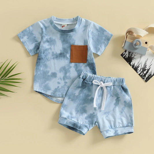 Summer Fashion Baby Boys Suit Tie-dye Print Short Sleeve Crew Neck T-shirt + Elastic Waist Shorts 2Pcs Infant Toddler Sets